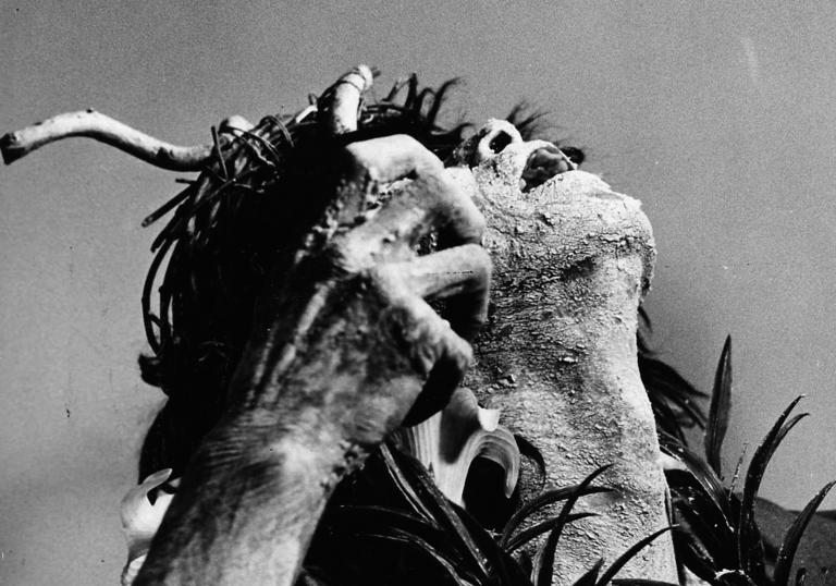 an image of a man covered in some kind of mud and headdress looking upwards 