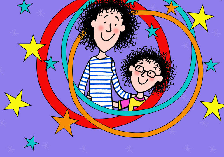 Drawing of Jacqueline Wilson characters on a purple background, circled with stars around them