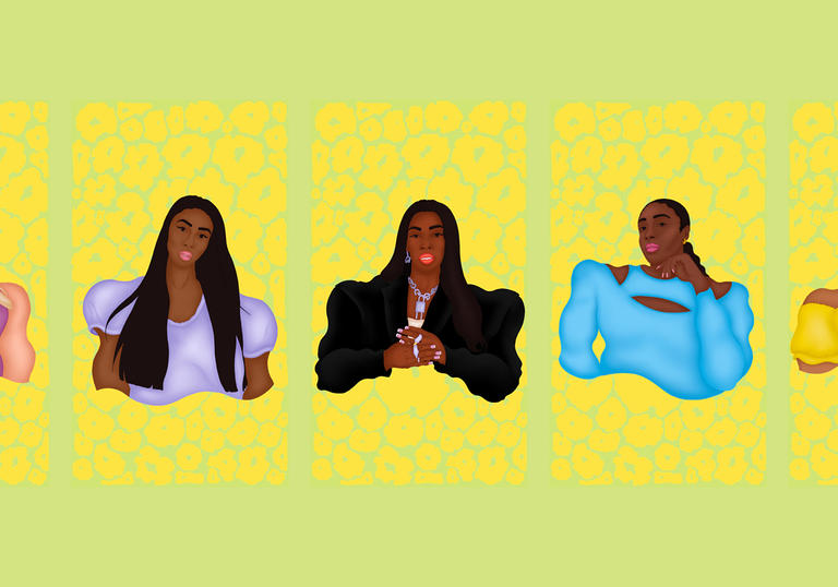 An illustration of five women, in four yellow grids wearing colourful tops