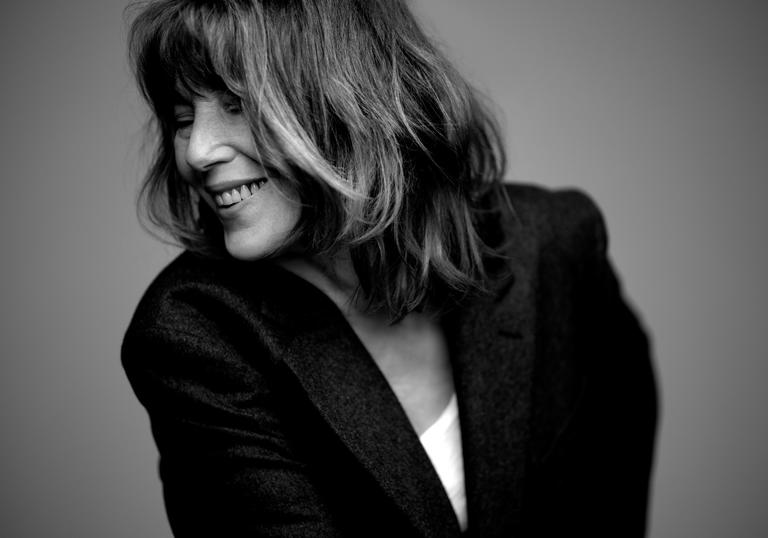 black and white photo of Jane Birkin smiling