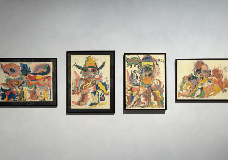 Collection of four framed illustrations, brightly coloured figures on a white well