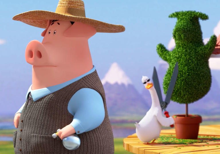 an animated pig in a straw hat with a duck trimming a hedge