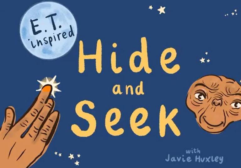 illustration saying hid and seek on a blue background with a drawing of ET