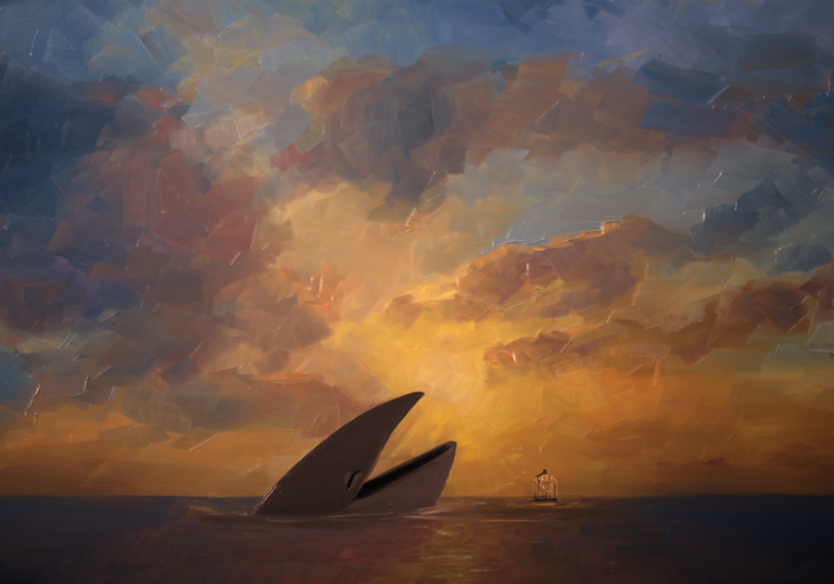 A whale in silhouette in an ocean sunset, painted in oils, from a short animated film