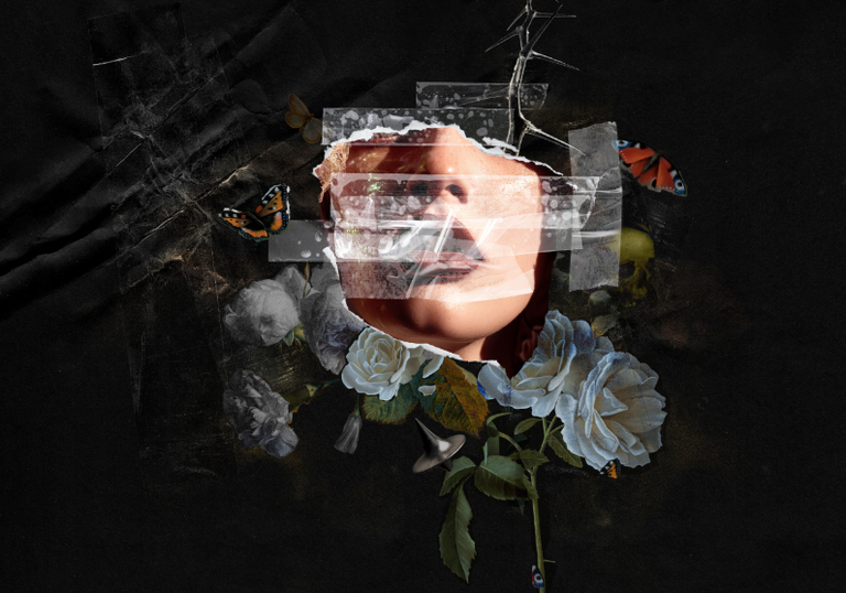 Artwork for the Royal Opera House's Rigoletto, woman's lower face coming through a picture of roses on a black background