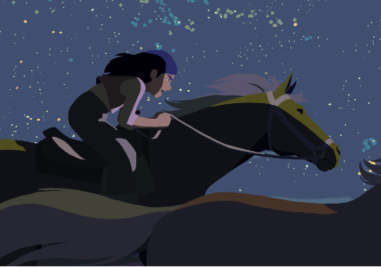 A young woman rides a horse under a starry sky in an image from the animated film Calamity