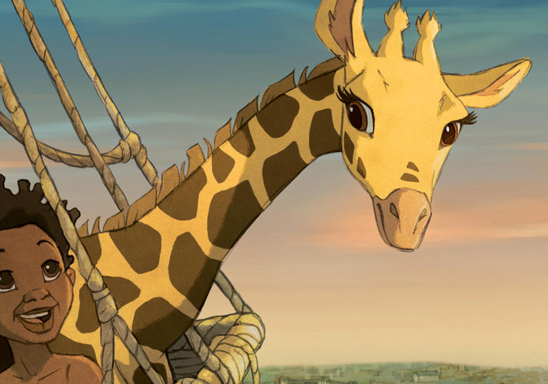 A young boy and a giraffe in animated film Zarafa