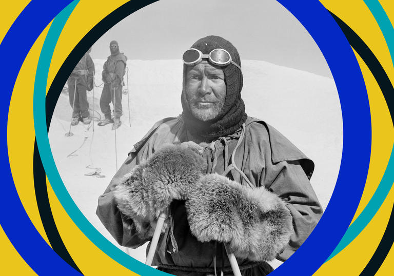 Black and white photo of Captain Scott in the Antarctic