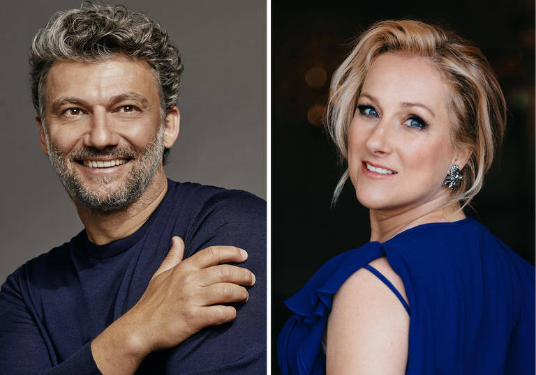 The image is split into two: Jonas Kaufmann on the left, Diana Damrau on the right