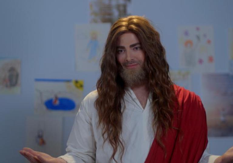 A man dressed as Jesus opens his arms in a still from Potato Dreams of America