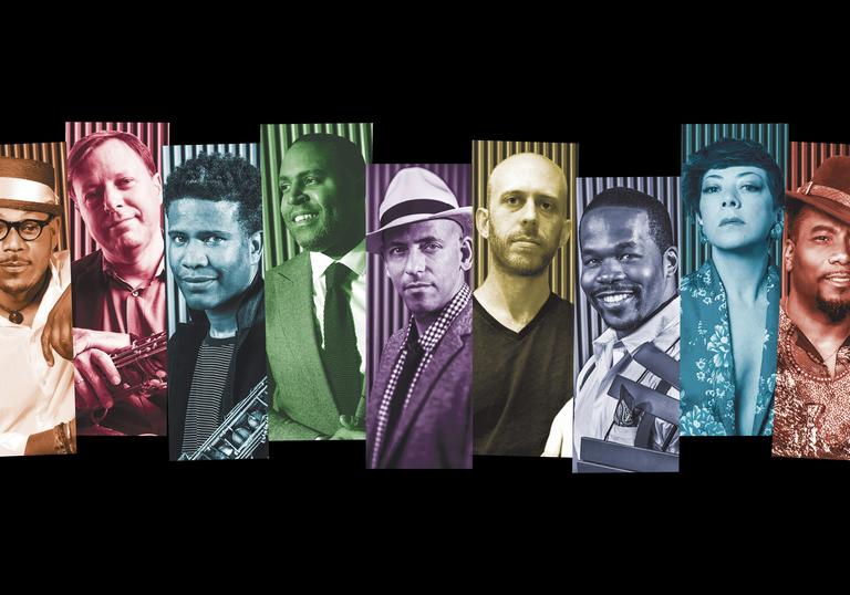 A composite image of portraits of all the members of SFJAZZ collective