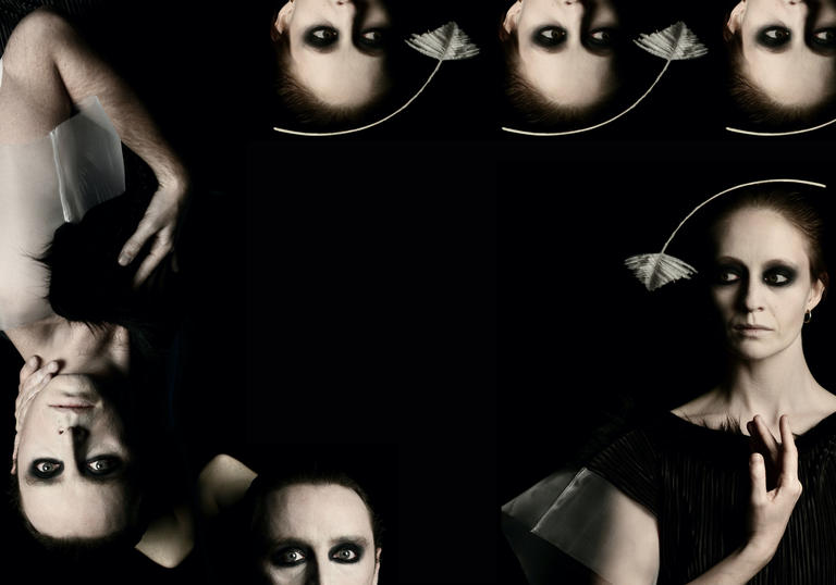 A woman's face printed multiple times at different angles on a black background. Her skin is pale and her makeup around her eyes is dark and moody.