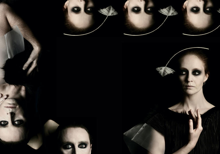 A woman's face printed multiple times at different angles on a black background. Her skin is pale and her makeup around her eyes is dark and moody.