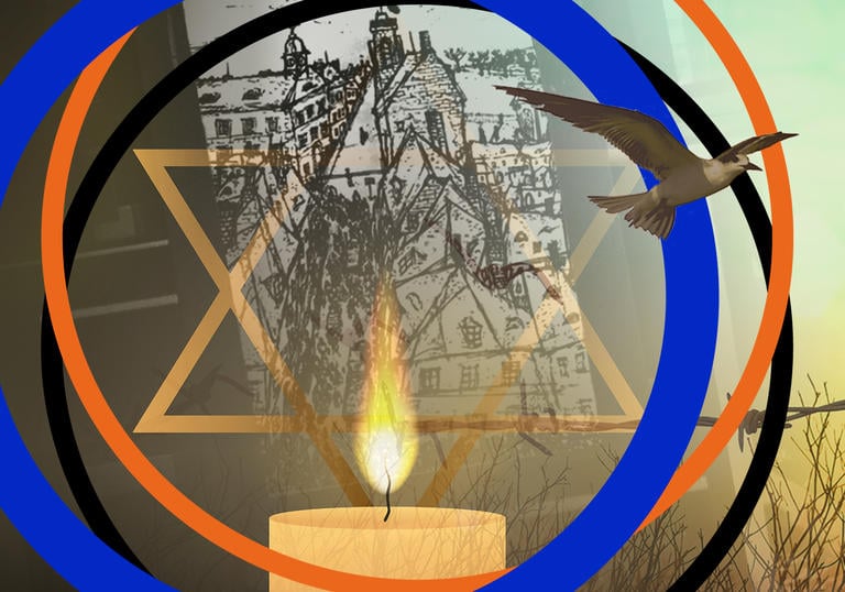 A candle burns in the centre of the image, with the star of David above it. Barbed wire runs across the photo, and a bird flies out of the right hand side of the image. An image of Terezin is faint in the background. The image has BBC SO branding around it.