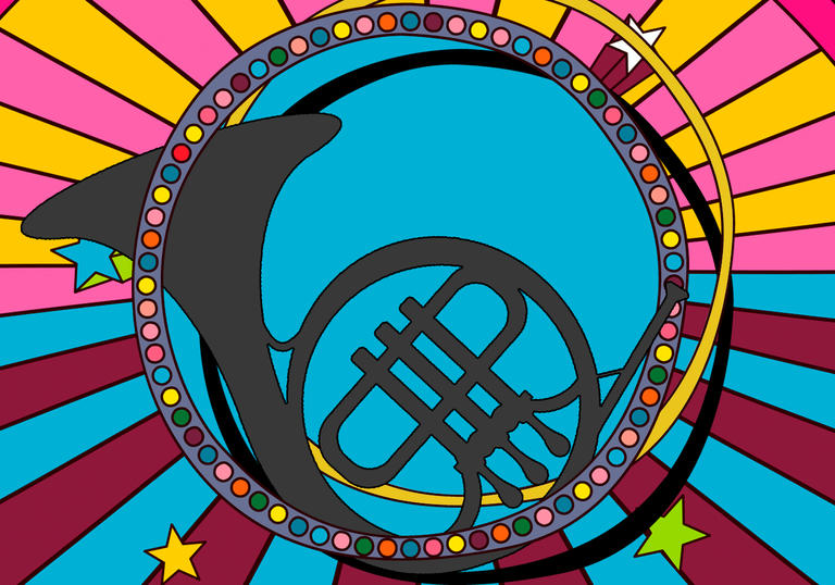 A digital image of a french horn sits in the middle of a blue circle, with pink, yellow, and blue sun rays coming out of the blue circle