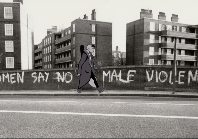 Black and white image of animated protagonist walking in front of graffiti that says 'Women Say No To Male Violence'