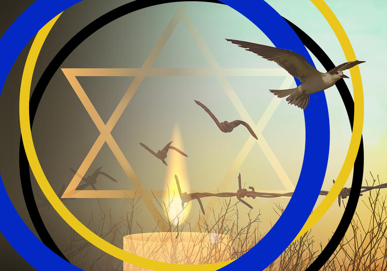 A candle burns in the centre of the image, with the star of David above it. Barbed wire runs across the photo, and a bird flies out of the right hand side of the image. The image has BBC SO branding around it.