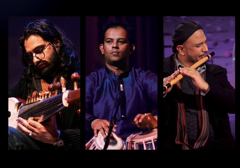 Portraits of members of Aman playing their instruments