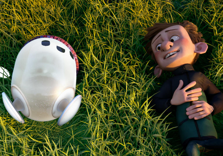 Ron and Barney laying in the grass, animated image