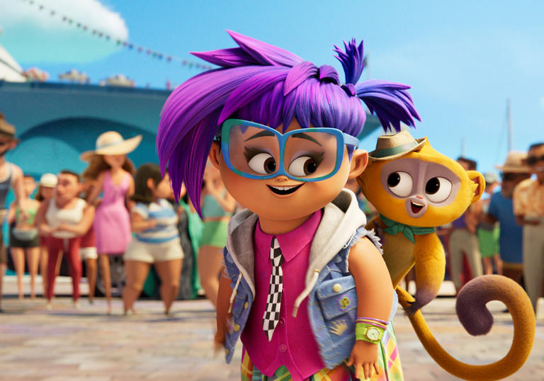 Animation of purple haired Gabi and Vivo the monkey on her shoulder