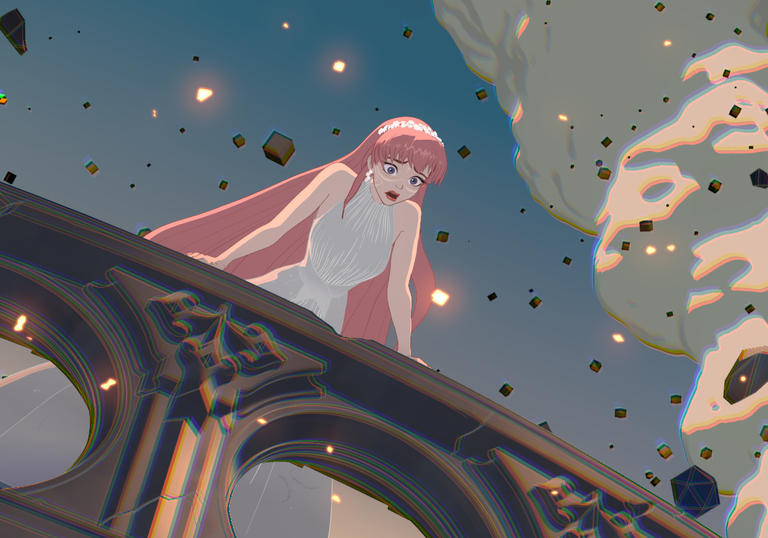 Animated still of Belle looking over a bridge surrounded by falling leaves