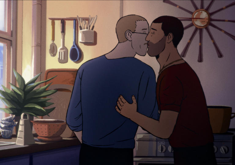 In animation, two men kiss by sunlight streaming through the window