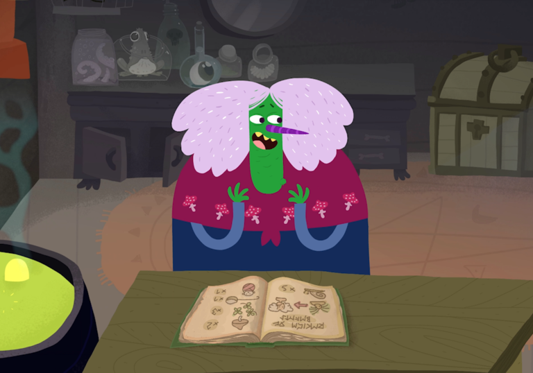animation of the witch looking over her book of spells