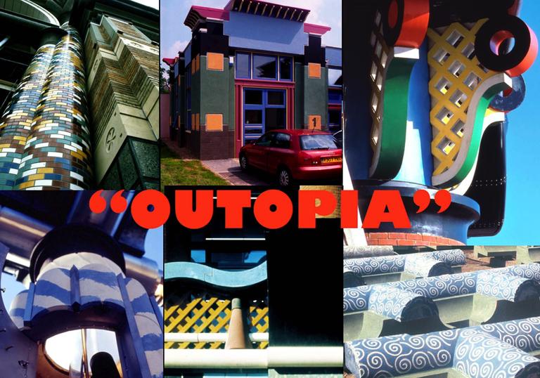 a composite image of architect John Outram's work, with the word 'OUTOPIA' overlaid