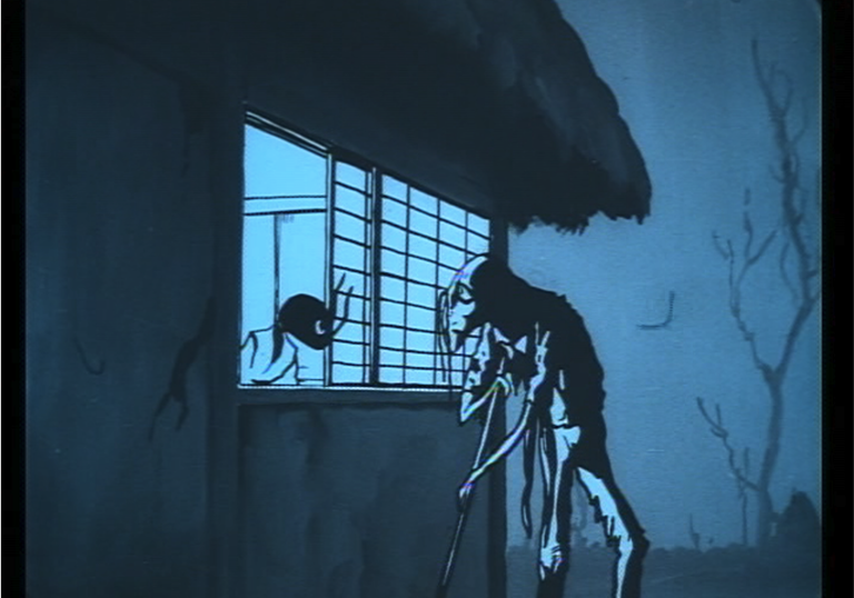 A still from the Japanese short film Two Worlds, two humanoid insects speak through a house window