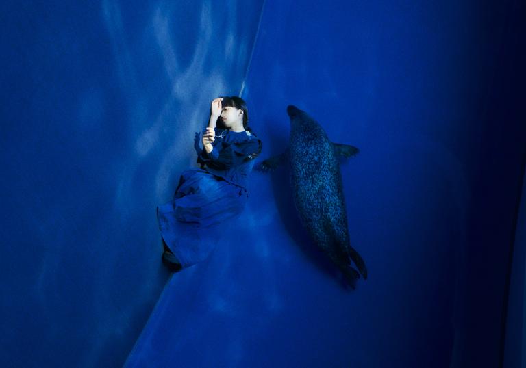 An underwater picture of Ichiko Aoba wearing a blue dress, resting next to a blue dolphin.