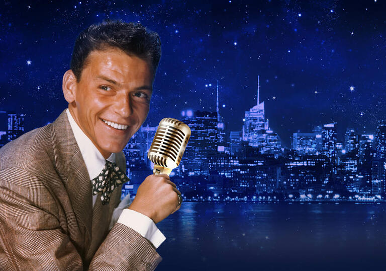 Frank Sinatra superimposed in front of the New York City skyline at night