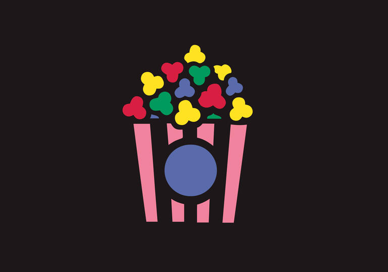 Brightly coloured graphic drawing of a bucket of popcorn