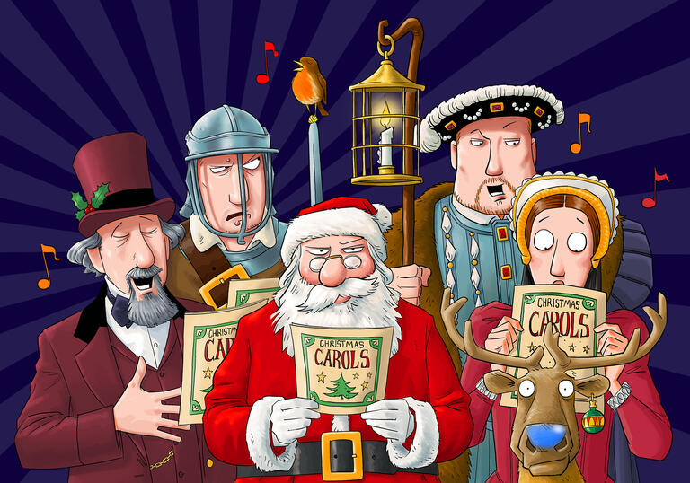 A group of Horrible Histories cartoon characters including Father Christmas, Henry VIII and Charles Dickens, singing Christmas carols