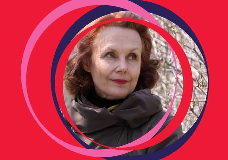 Kaija Saariaho image, centered around pink BBC SO branding