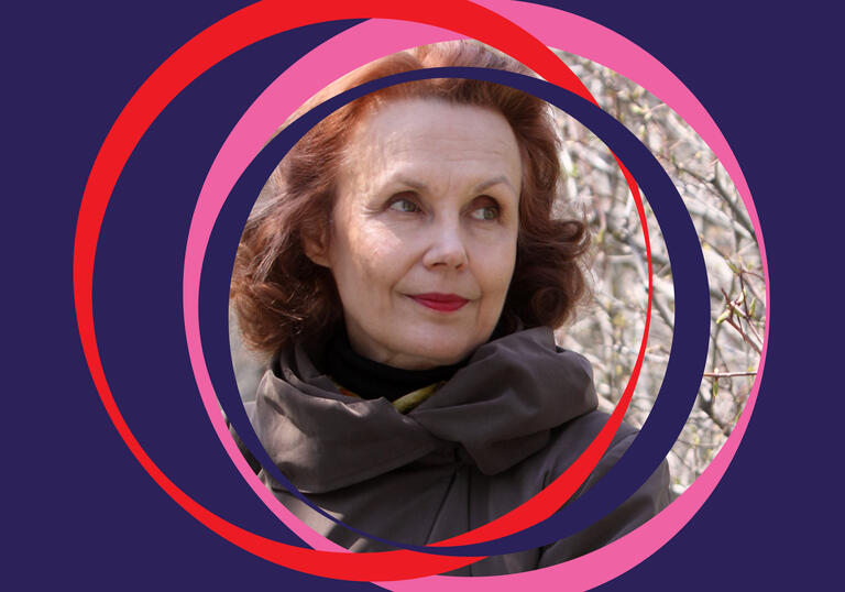 Kaija Saariaho image, centered around purple BBC SO branding