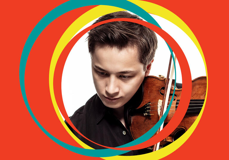 Johan Dalene plays his violin, looking down at the ground. BBC SO branding surrounds his image