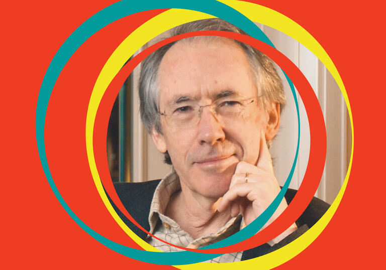 Ian McEwan leans on his hand, his centralised image is surrounded by BBC SO branding