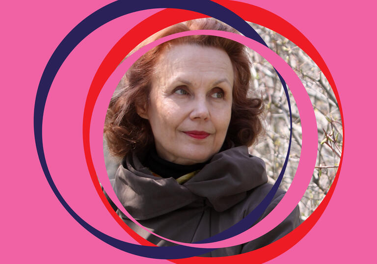 Kaija Saariaho image, centered around pink BBC SO branding