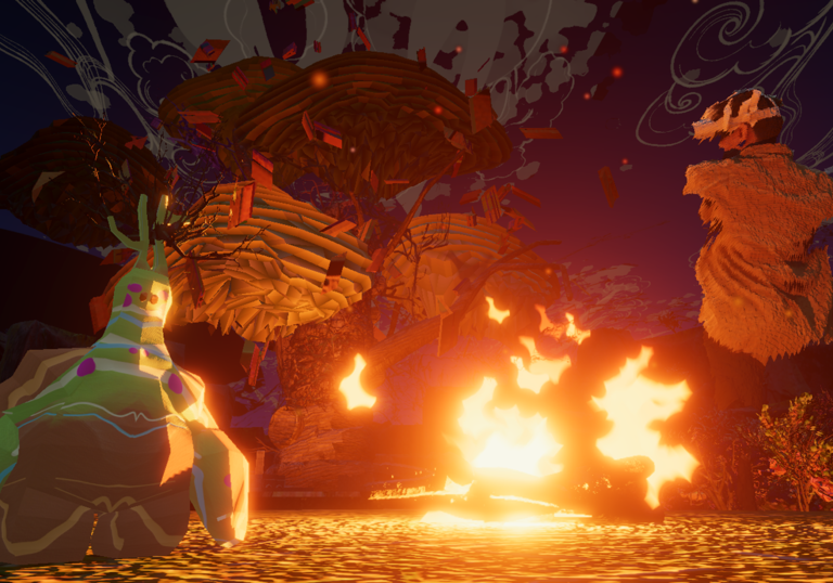 A performer wearing a headset appears to be chopping down a tree in a futuristic gaming world.