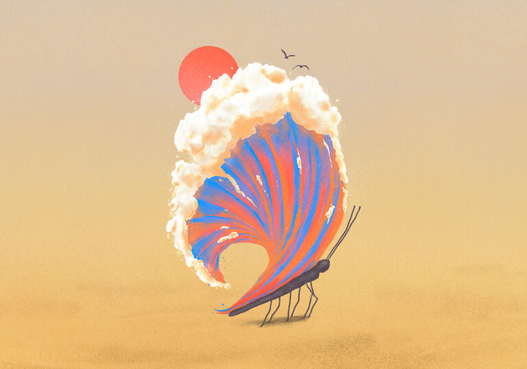 Graphic illustration of a a butterfly whose wings create an ambient wave amidst a sunset