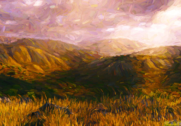 Painting of rolling hills at golden hour