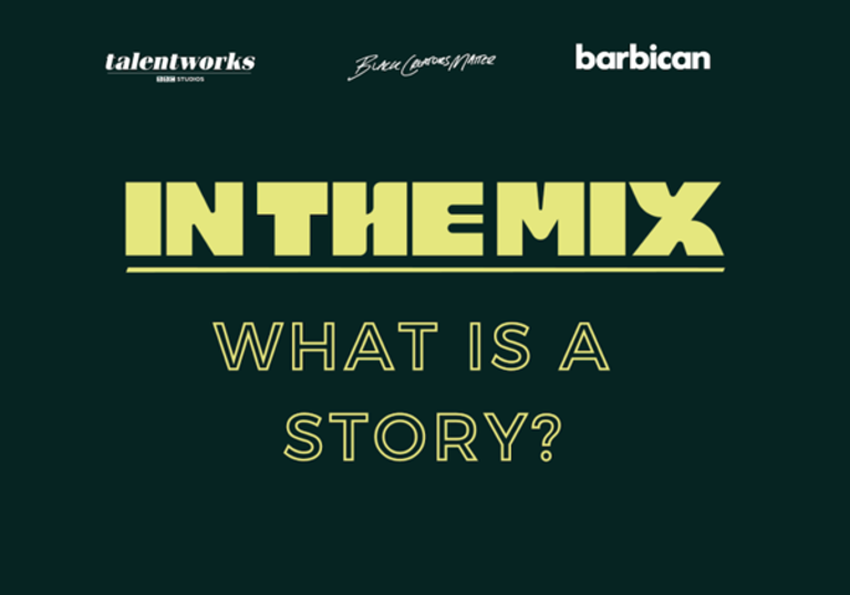 Yellow text on a dark army green background 'In The Mix - what is a story?'