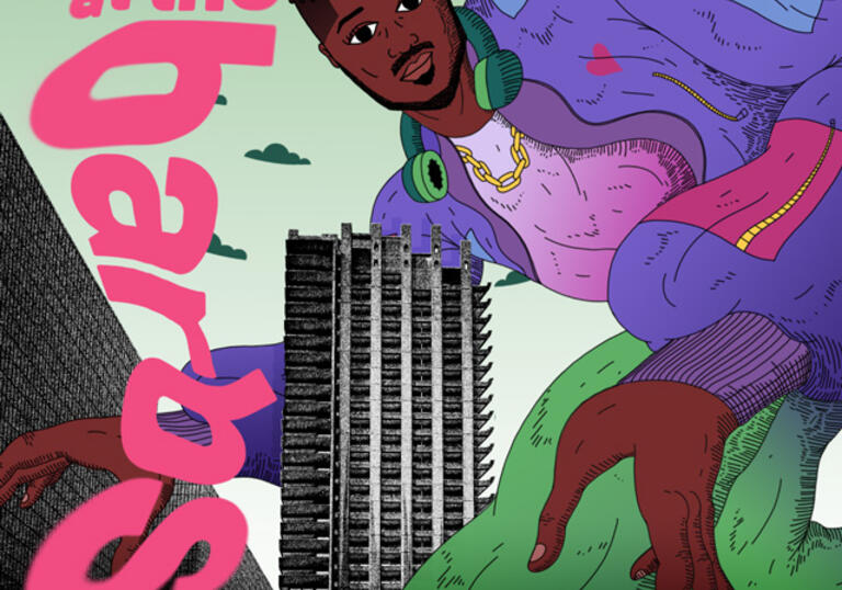 Illustration of a person stepping over the Barbican towers with the word At The Barbs written in pink down the left hand side