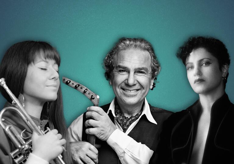 Artwork composite showing Yazz Ahmed with Emel and Rabih Abou-Khalil