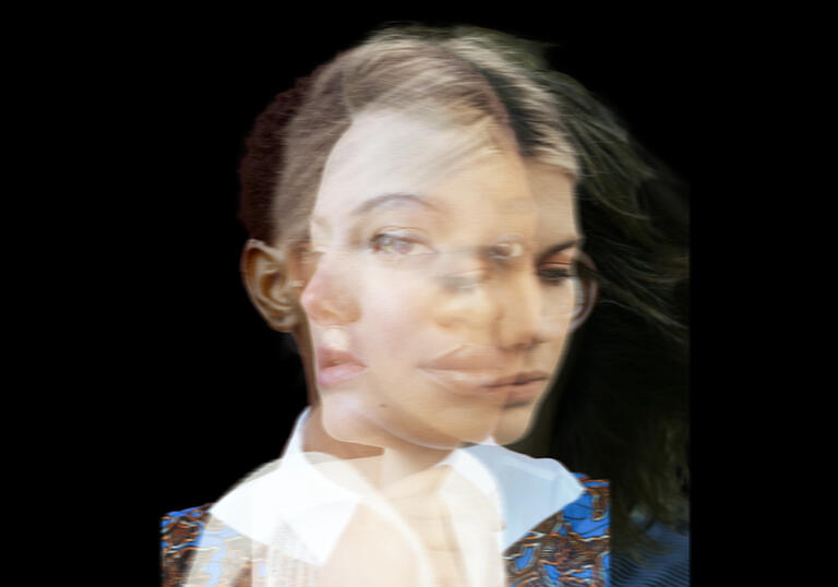 Image of four different woman's faces superimposed on each other, looking in different directions, against a black background