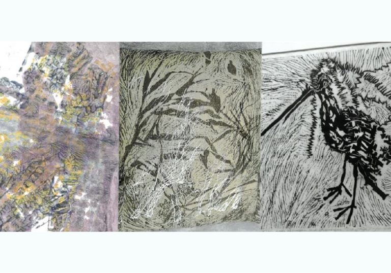 A selection of three samples of printed textile work by artist Lesley Shargool