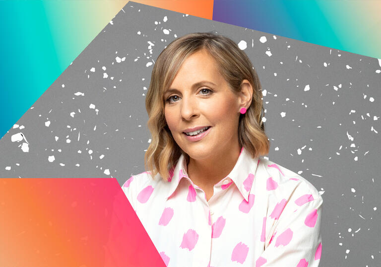 Photo of narrator Mel Giedroyc with colourful graphic elements surrounding