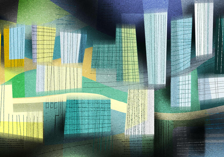 Illustration of colourful buildings and skyscrapers