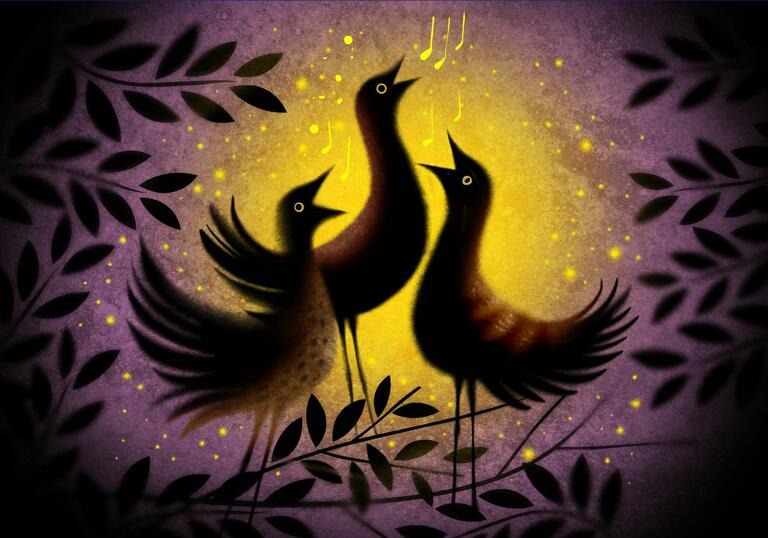Illustration of three birds singing against a yellow and purple background overlaid with the shadows of tree branches