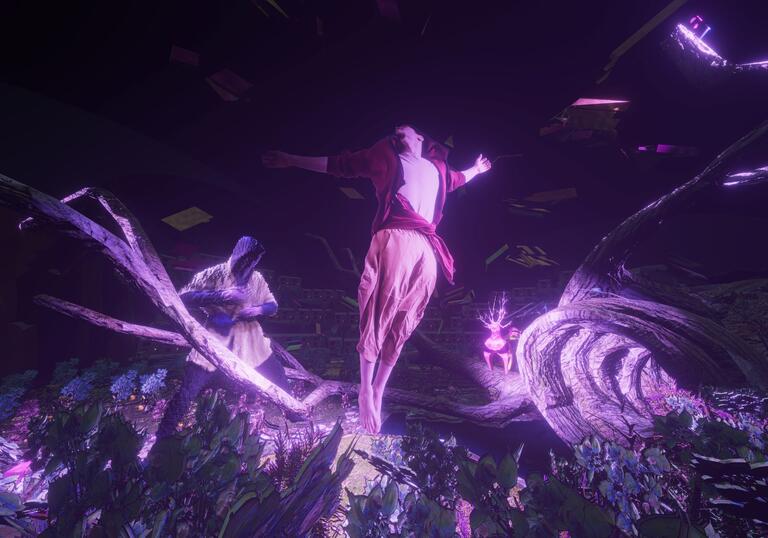 A person appears to be flying with their arms outstretched in a digital 3D world with a purple haze